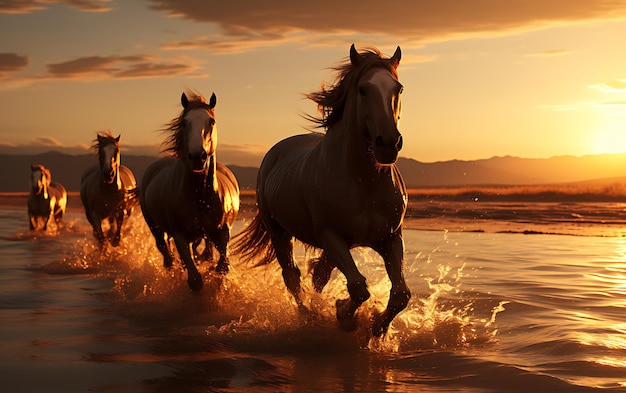 Photo horses running on the beach at sunset