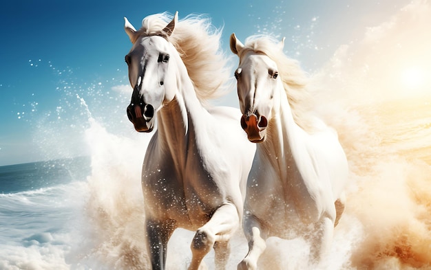 Photo horses running on the beach at sunset