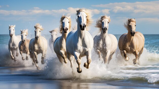 Horses running on beach water