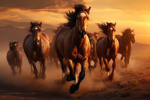 Horses running in the desert at sunset 3D illustration