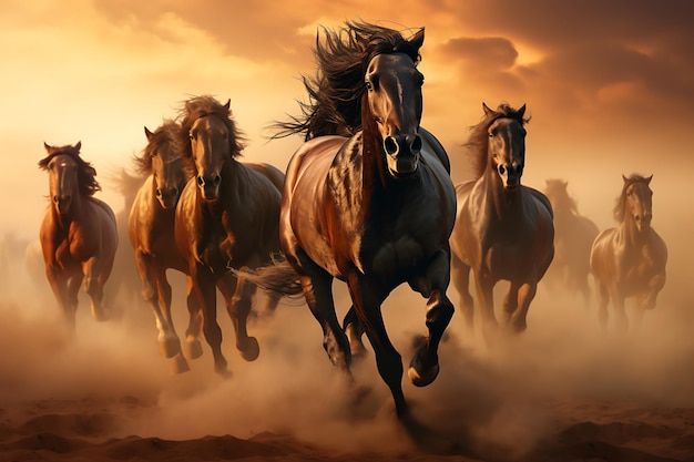 Horses running in the desert at sunset 3D illustration