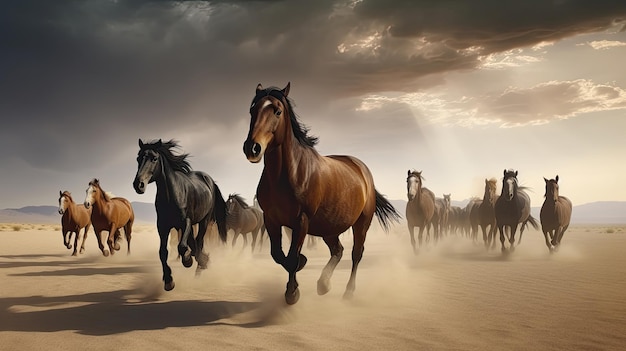 Horses running in the desert with the sun shining through the clouds