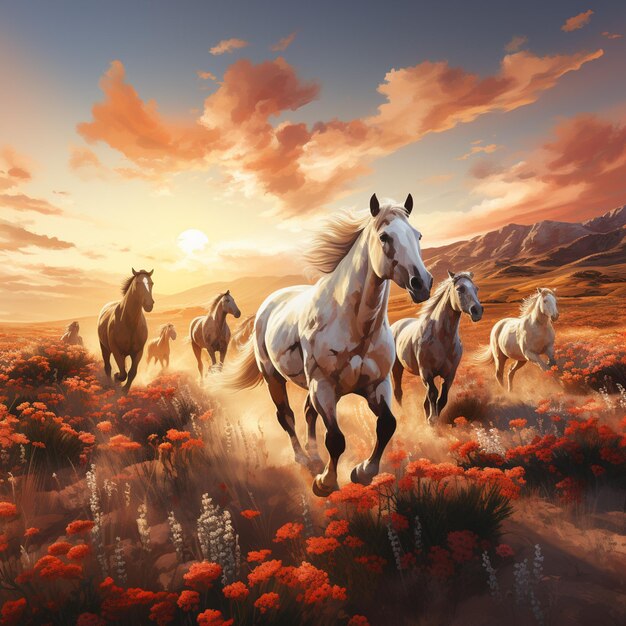 horses running in a field of flowers at sunset generative ai