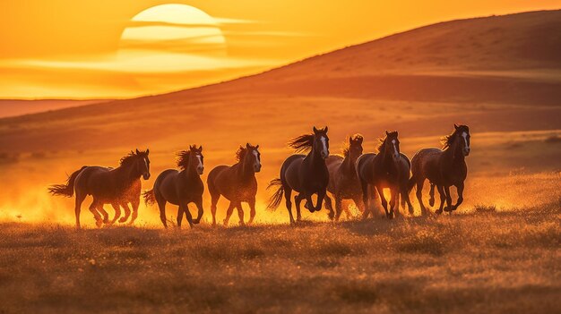 Horses running in a field at sunset with a mountain in the background generative ai