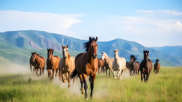 Horses running in a field with mountains in the background