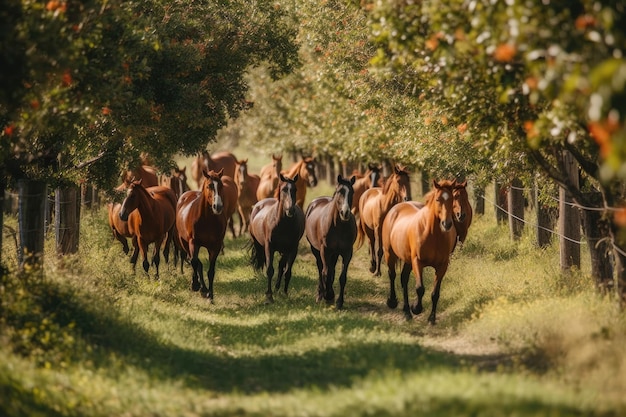 Horses running in a field with trees in the background Generative AI