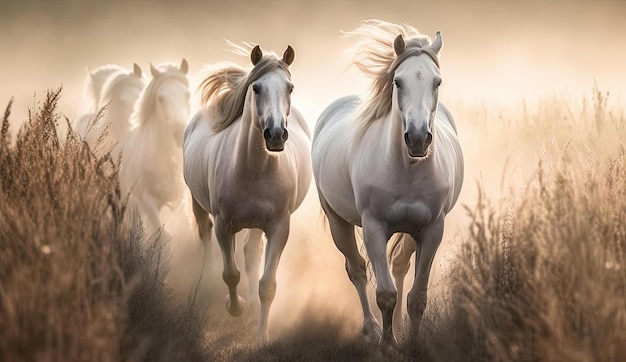 horses running in the grass and dust in the style of dark white and light beige