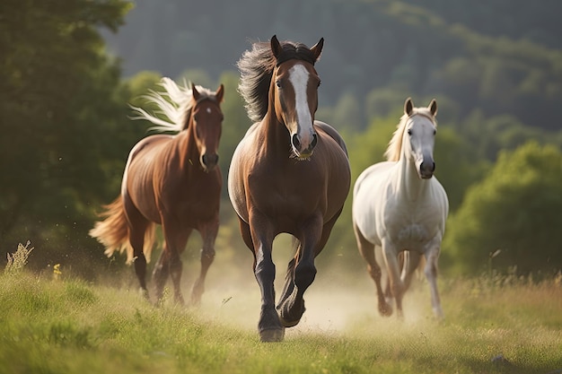 Horses running on green meadow with nice landscape