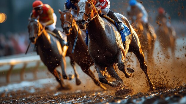 Photo horses running past on the racetrack kentucky derby