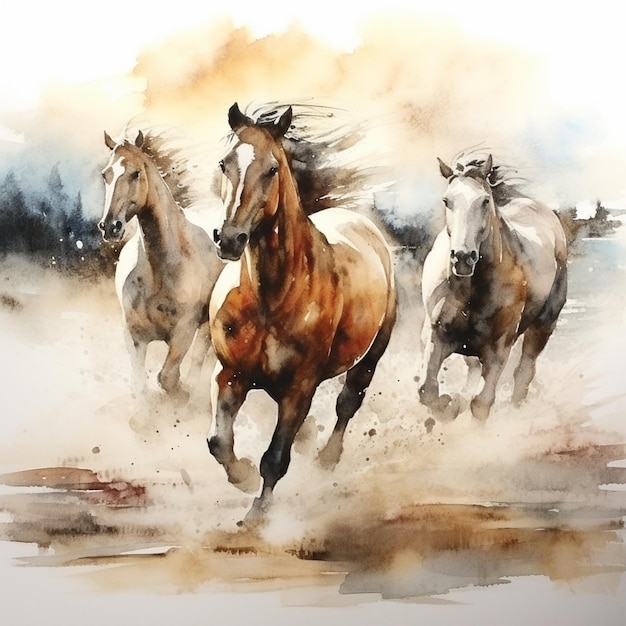 Horses running in the sand with a sky background generative ai