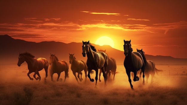 Horses running in the sunset with the sun setting behind them