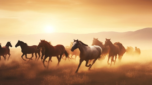 Horses running in the sunset