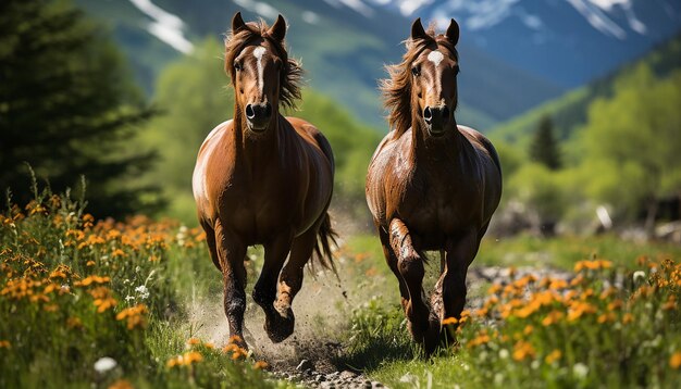 Foto cavalli che corrono attraverso il prato mongolo
