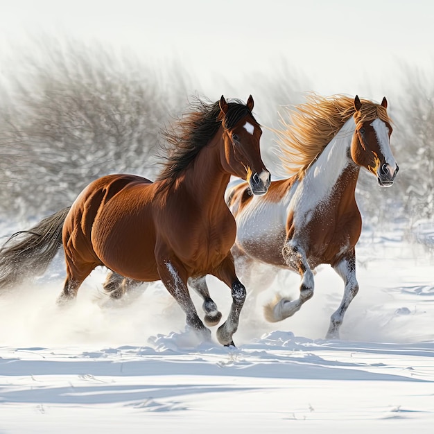 冬に走る馬 雪に覆われた風景