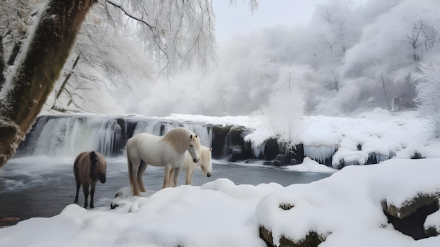 Лошади в снегу у водопада