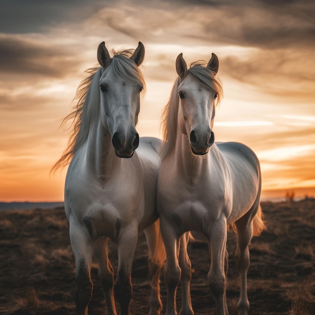 a horses standing next to each other at sunset