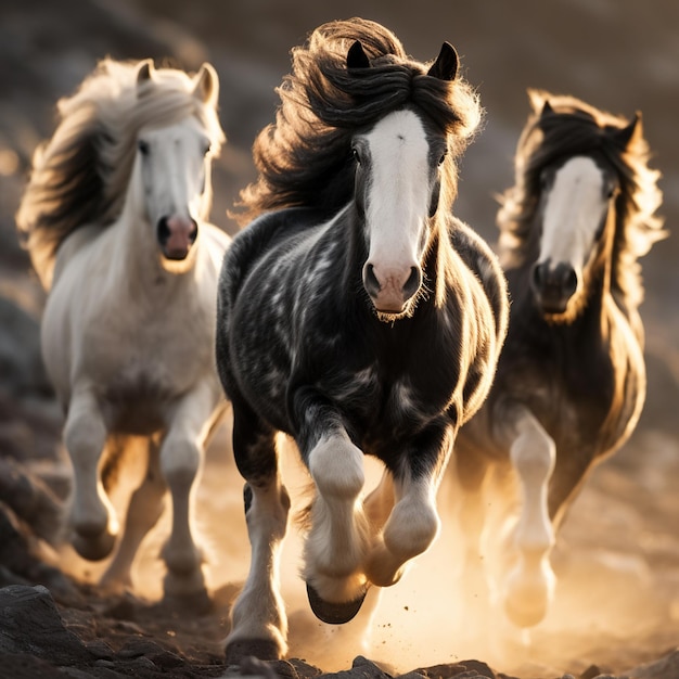 a horses standing next to each other at sunset