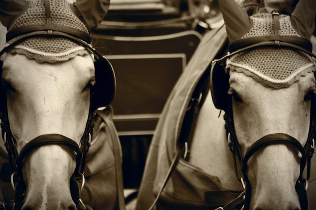 Photo horses tied to cart