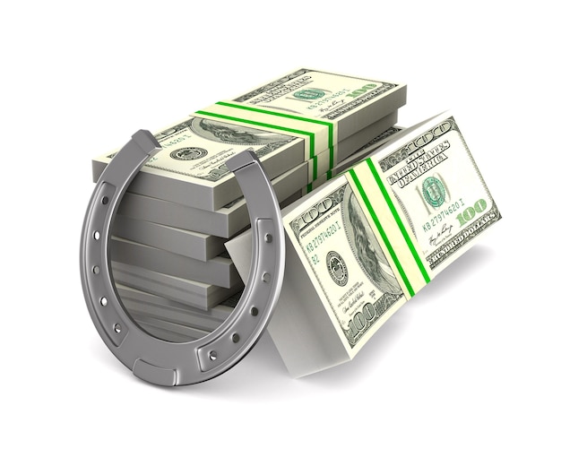 Horseshoe and money on white space. Isolated 3D illustration