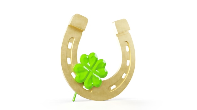 Photo horseshoe with lucky clover on white background 3d illustration