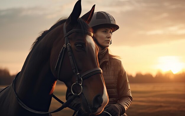 horsewoman jockey in uniform riding horse outdoors sunny day professional advertising ai generated