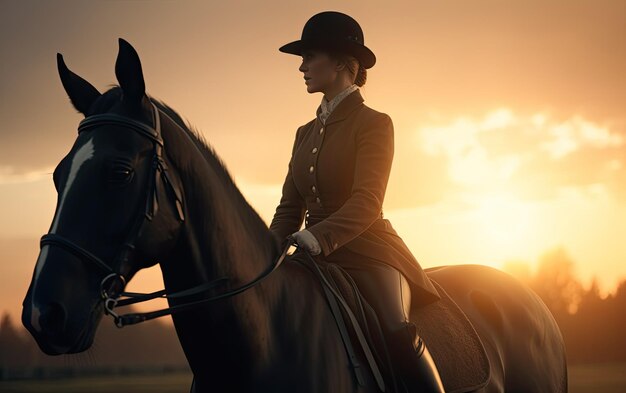 horsewoman jockey in uniform riding horse outdoors sunny day professional advertising ai generated