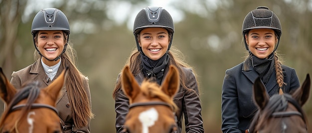 Photo horsewomen like to ride gorgeous horses side by side on the equestrian centers trail