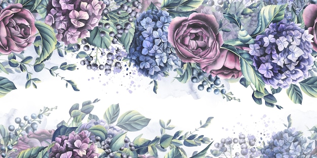 Hortensia bloemen rozen en eucalyptus twijgen met decoratieve bessen Aquarel illustratie Naadloze banner op een witte achtergrond uit de WEDDING FLOWERS collectie Voor decoratie en design
