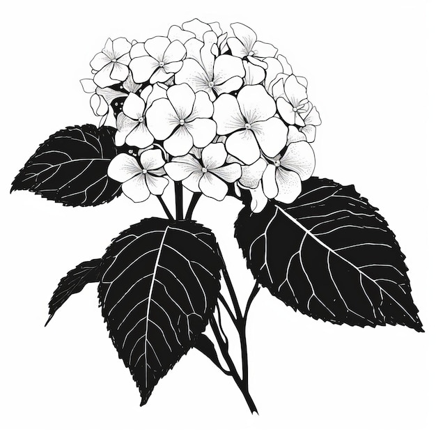 Hortensia silhouet vector zwarte en witte botanische tekening