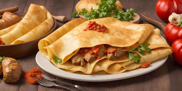 호르토브기 팔라신타 (Hortobgyi palacsinta) 맛있는 가리 크레프 요리, 양파, 뜨거운 파프리카와 함께 고기 김으로 가득 차 있습니다.