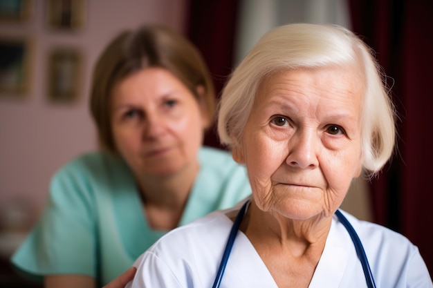 Hospice bejaarde vrouw en portret van een verpleegster in huis met vertrouwen binding en zorg samen