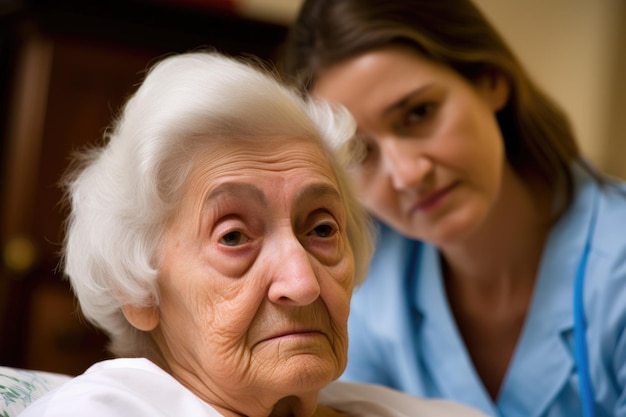 Hospice elderly woman and portrait of a nurse in home with trust bonding and care together