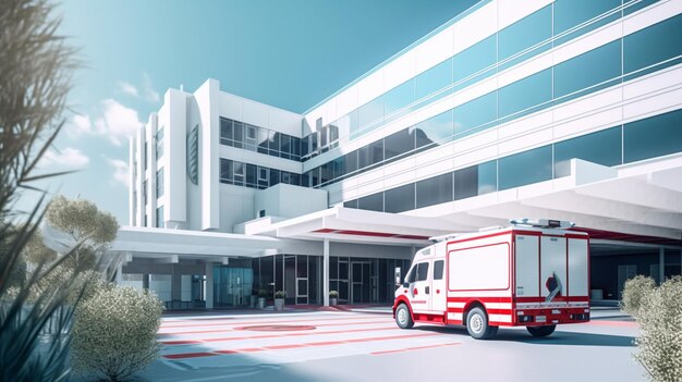 Photo hospital an ambulance parked nearby generative ai