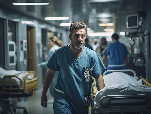 Hospital ambulance team Corridor in a medical clinic with working doctors