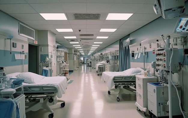 Фото Интерьер больницы и медицинского центра с кроватями для пациентов и роскошным медицинским обслуживанием в палате