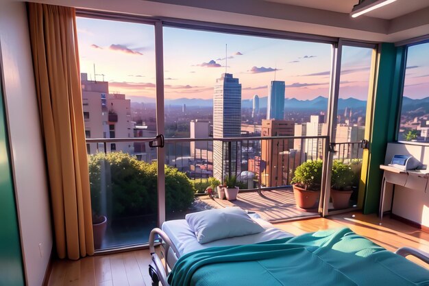 A hospital bed in a room with a view of the city.