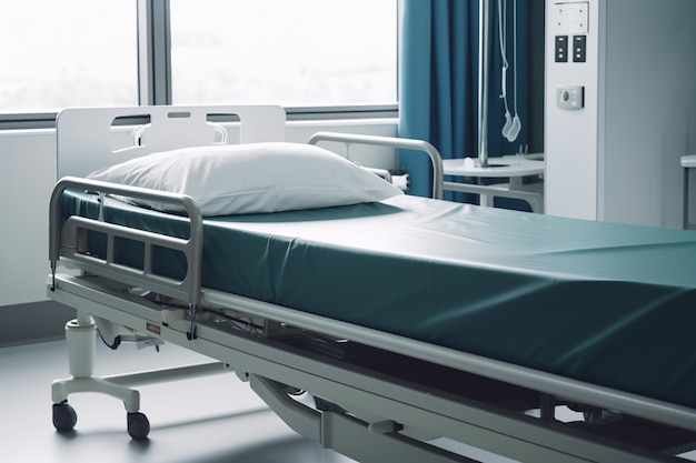 A hospital bed with a blue sheet on it and a window with the curtains closed.