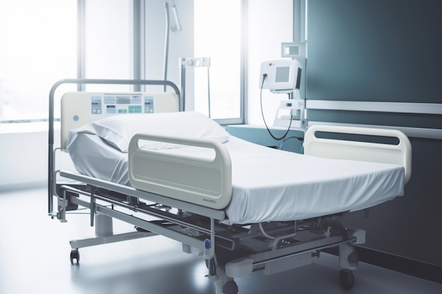 A hospital bed with a monitor on the wall