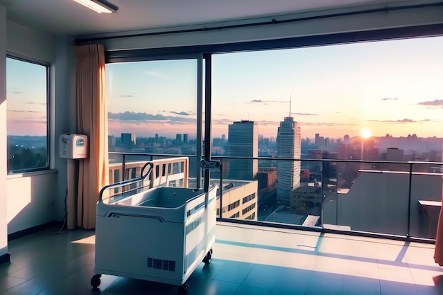 A hospital bed with a view of a city and a window