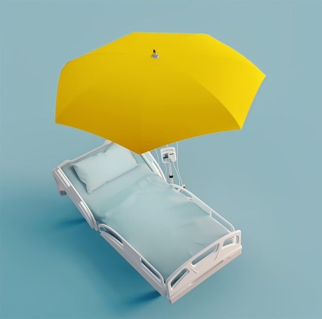 Photo hospital bed with yellow umbrella on blue background concept for health insurance