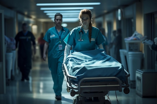 Hospital Corridor View Nurse Guiding Gurney Generative AI