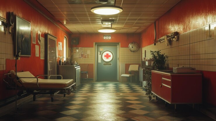 Photo hospital corridor with a bed in a vintage style
