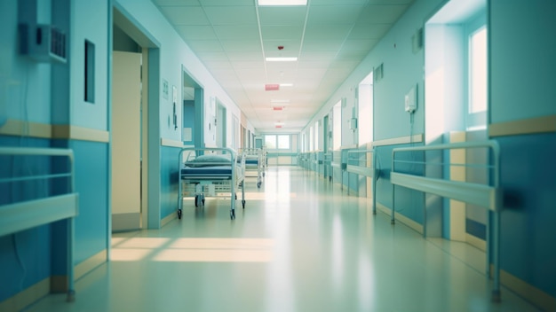 A hospital corridor with a blue floor and a hospital bed.