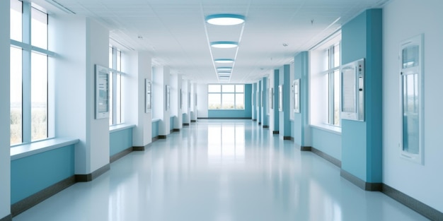 Hospital corridor with windows and blue walls in the style of bokeh light gray bauhaus light white skillful Generative AI image weber