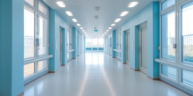 Hospital corridor with windows and blue walls in the style of bokeh light gray bauhaus light white skillful Generative AI image weber