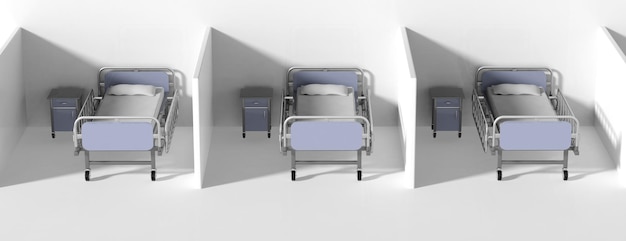 Photo hospital cubical beds and bedside tables in a row