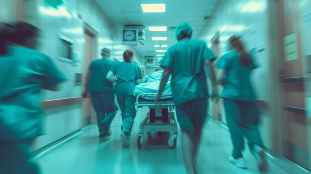 Hospital emergency team rush patient on gurney to the operating theater Corridor in medical clinic with working doctors AI Generative