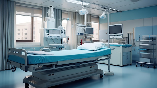 수술 침대와 수술 조명이 있는 빈 병원 수술실 Generative AI