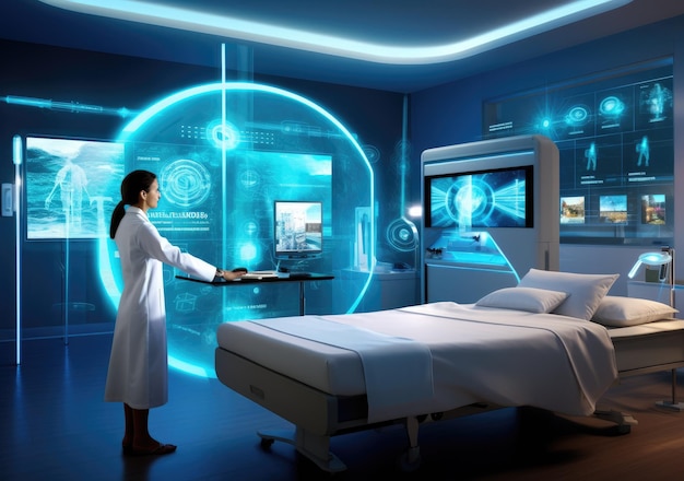 Foto concetto di ospedale del futuro dottore in medicina futuristica concetto medico tecnologia scienza medica ai generativa