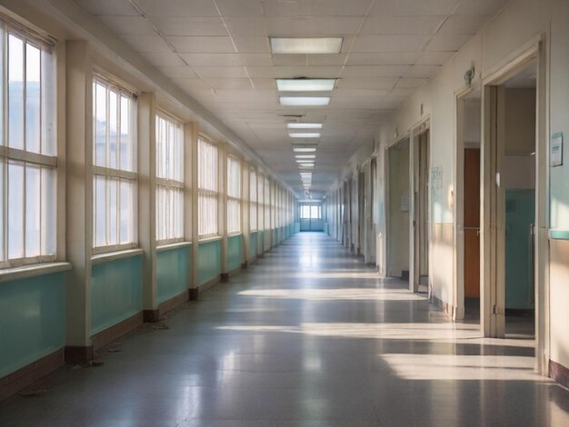 The hospital hallway is empty